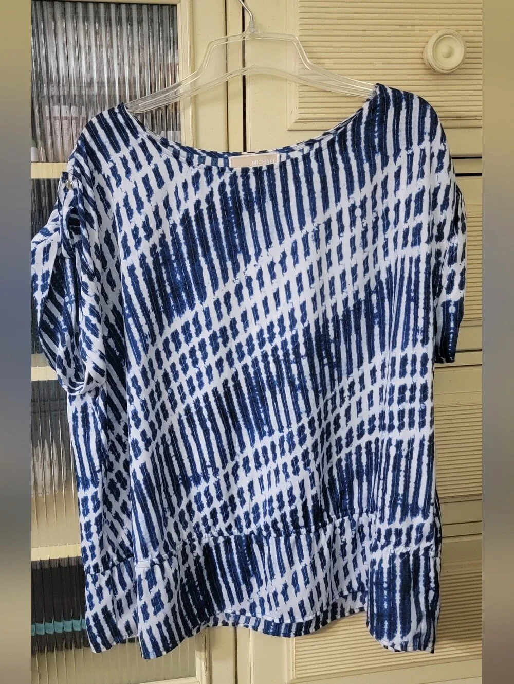 Michael Kors Navy and White Printed Short Sleeve Blouse